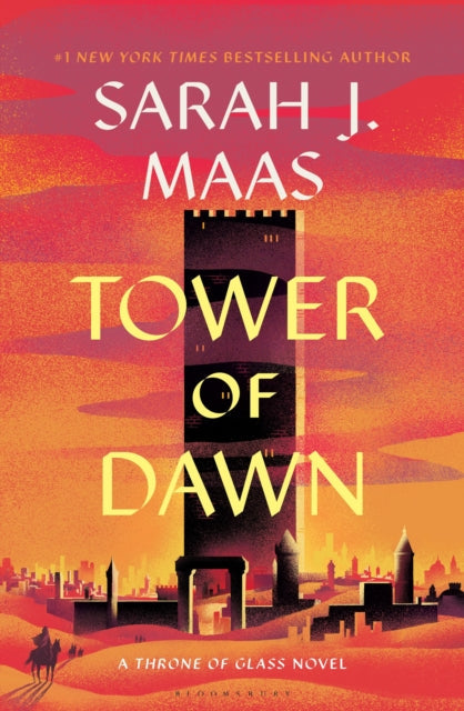Tower of Dawn book cover featuring a tall tower and a desert city.