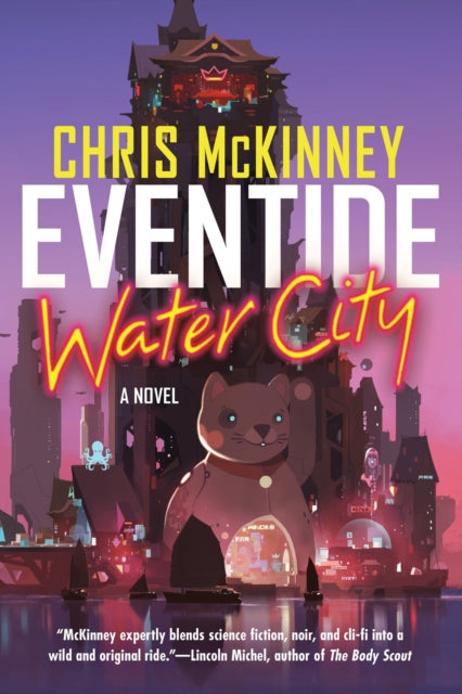 Eventide, Water City book cover featuring a futuristic city and a giant cat statue.