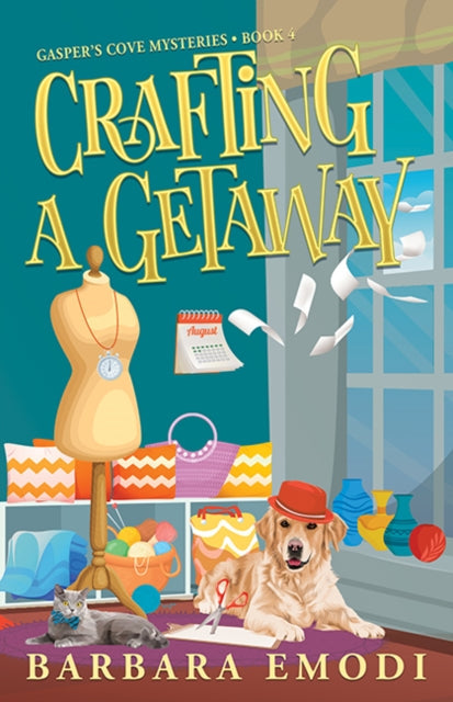 Crafting a Getaway book cover with a dog, cat, and crafting supplies.