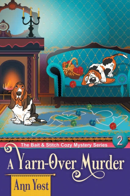 A Yarn-Over Murder book cover featuring two basset hounds and knitting supplies.
