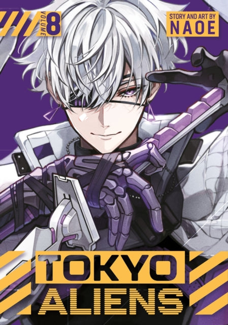Tokyo Aliens Volume 8 manga cover featuring a character with white hair and purple eyes.