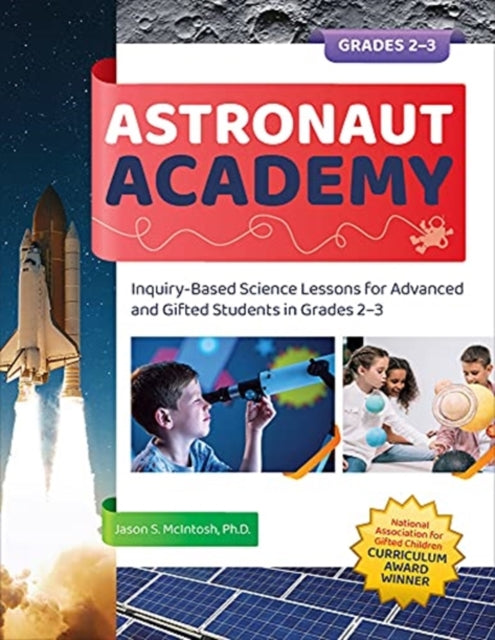 Astronaut Academy book cover with a space shuttle, children looking through a telescope, and solar panels.