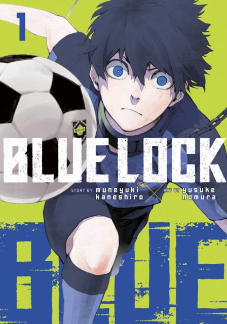 Blue Lock 1 manga cover featuring a young anime character with blue eyes and a soccer ball.