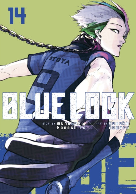 Blue Lock 14 manga cover featuring a character with green and purple hair.