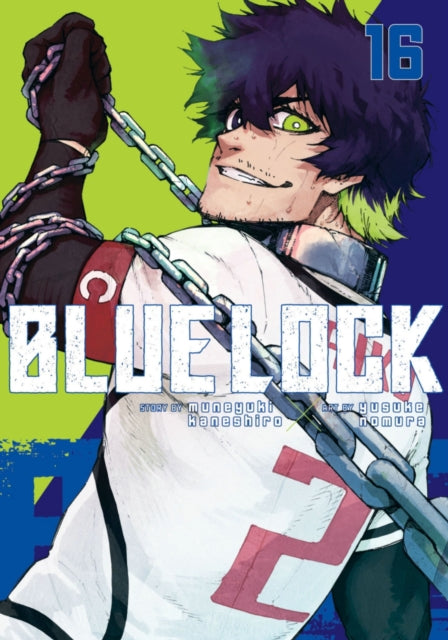 Blue Lock 16 manga cover featuring a character with green eyes and chains.