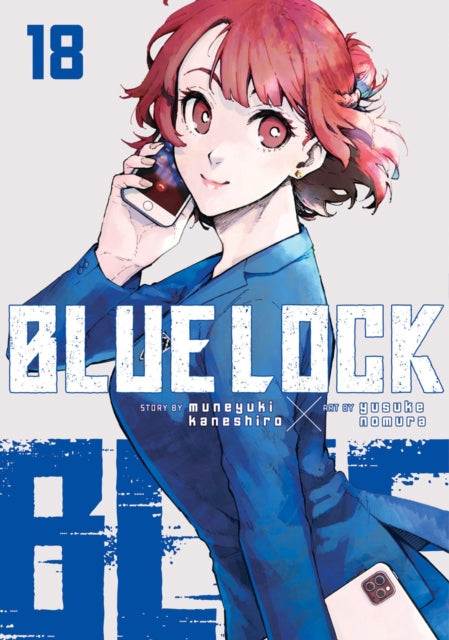 Blue Lock 18 manga cover featuring a woman with red hair holding a phone.
