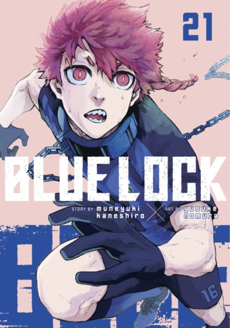 Blue Lock 21 manga cover featuring a character with pink hair and red eyes.