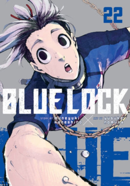 Blue Lock 22 manga cover featuring a surprised anime character and chains.