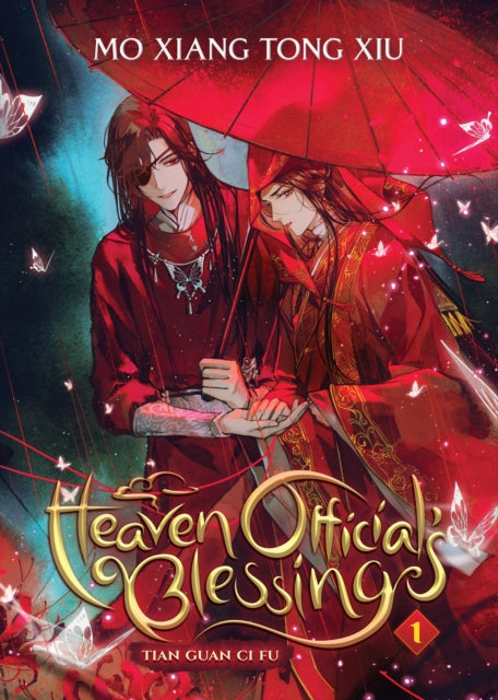 Book cover for Heaven Official's Blessing Vol. 1 featuring two men under a red umbrella.