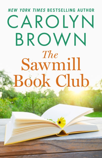 The Sawmill Book Club book cover with an open book and flower.