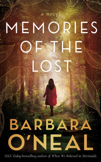 Memories of the Lost: A Novel book cover with a woman in a red coat walking into a forest.