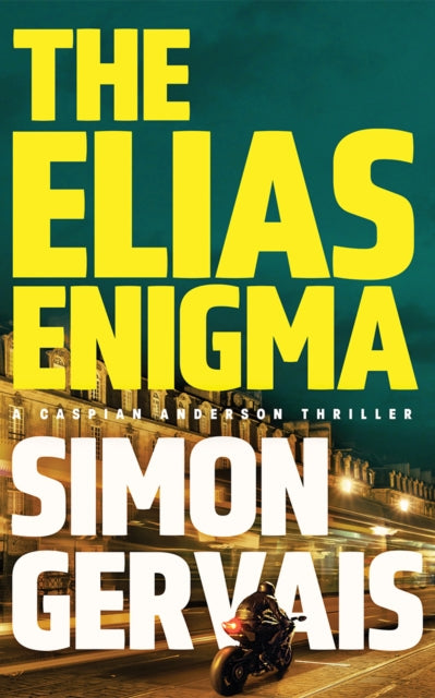 The Elias Enigma book cover with yellow text and a motorcycle.