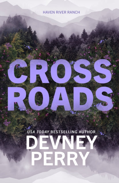 Crossroads book cover with purple text over a forest and mountain landscape.