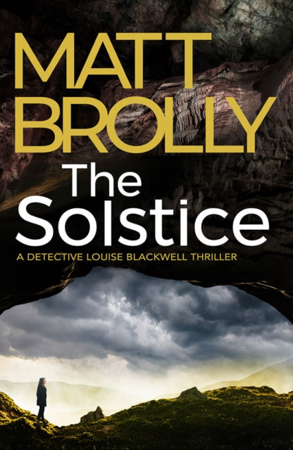 The Solstice book cover features a cave entrance overlooking a stormy landscape with a lone figure.
