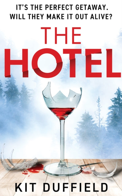 Book cover for "The Hotel" featuring a broken wine glass and blood.
