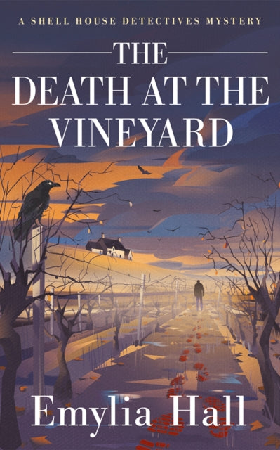 The Death at the Vineyard book cover with a crow and a vineyard scene.