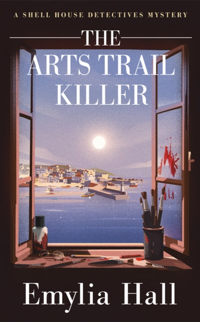 The Arts Trail Killer book cover featuring a window overlooking a coastal town.