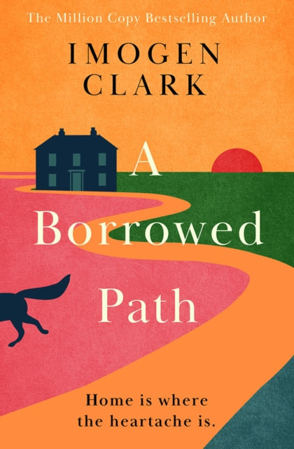 A Borrowed Path book cover with a house, path, dog, and sunset.