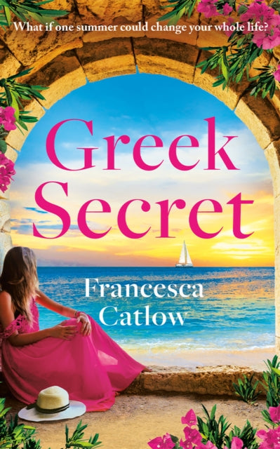 Greek Secret book cover with a woman in a pink dress looking at the sea.