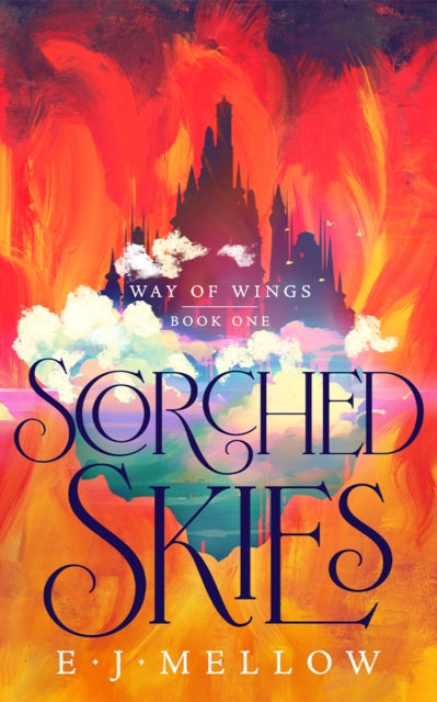 Scorched Skies book cover with a castle on clouds and fiery background.