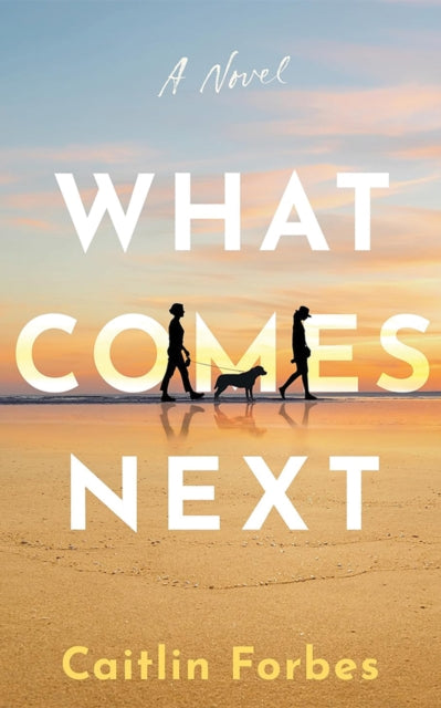 Book cover for "What Comes Next" by Caitlin Forbes, featuring silhouettes of people and a dog on a beach at sunset.