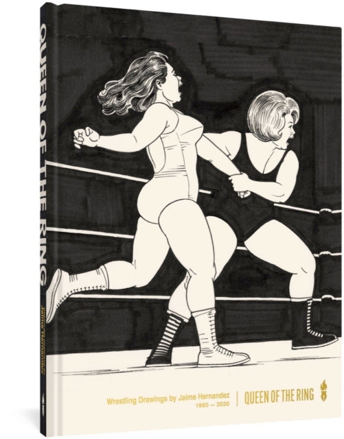 Queen of the Ring book cover featuring a black and white drawing of two female wrestlers.