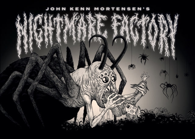 John Kenn Mortensen's Nightmare Factory artwork featuring a spider-like monster and a person.