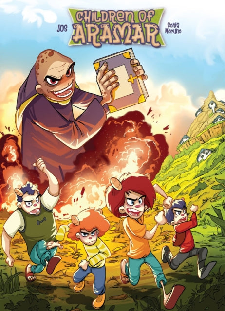 Children of Aramar comic cover with a villain holding a book and children running.