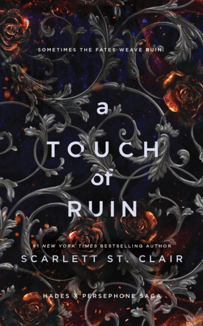 A Touch of Ruin book cover with ornate floral design and fiery roses.