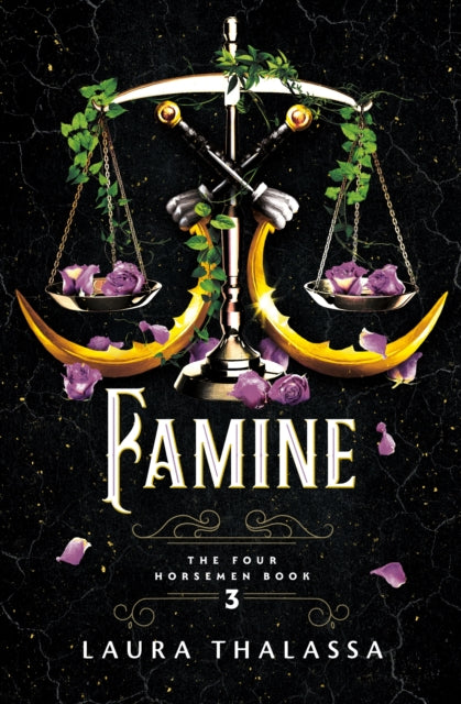 Famine book cover with scales, swords, roses, and title.