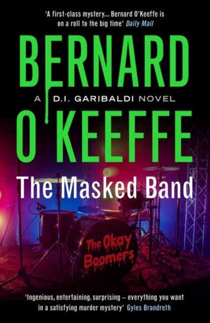 Book cover for "The Masked Band" by Bernard O'Keeffe, featuring a drum kit.