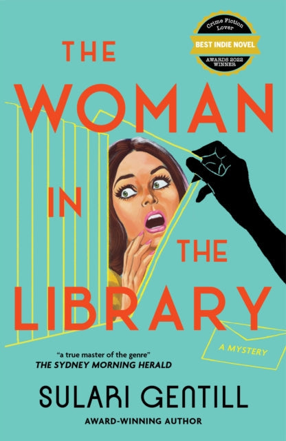 The Woman in the Library book cover featuring a woman peeking through blinds.