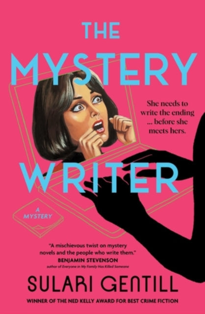 The Mystery Writer book cover with a woman on a laptop and pink background.
