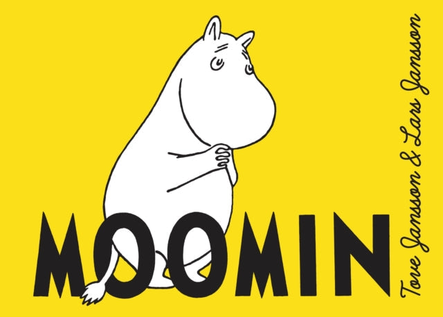 A Moomin character on a yellow background with the word Moomin and Tove Jansson & Lars Jansson.
