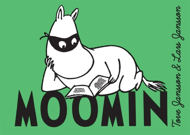 A Moomin character wearing a black mask reads a book on a green background.