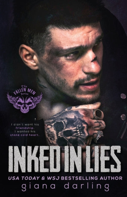 Book cover for "Inked in Lies" featuring a tattooed man.