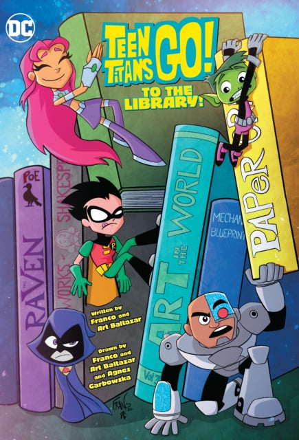 Teen Titans Go! to the Library comic cover with characters on books.