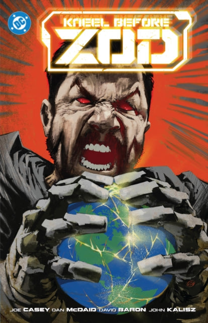 A comic book cover shows General Zod with red eyes crushing the Earth.