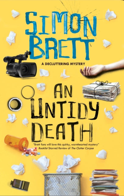 An Untidy Death book cover with a yellow background and various objects.