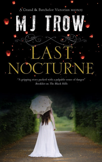 Book cover for "Last Nocturne" by MJ Trow, featuring a woman with an umbrella.