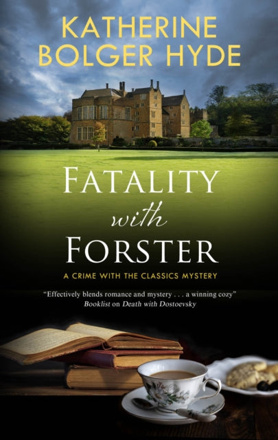 Fatality with Forster book cover featuring a manor and books.