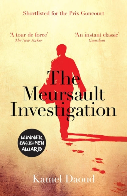 The Meursault Investigation book cover with a red silhouette and footprints.