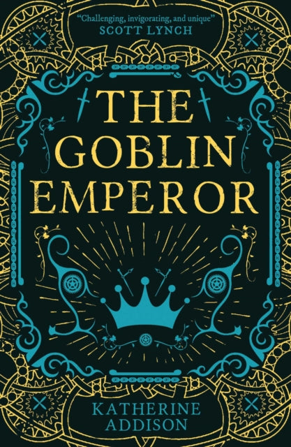 The Goblin Emperor book cover with ornate gold and teal designs.