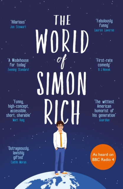 The World of Simon Rich book cover featuring a cartoon man standing on Earth.