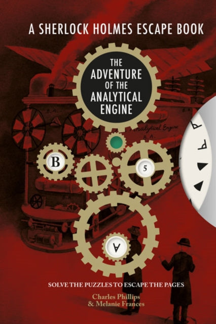 A Sherlock Holmes escape book cover with gears and two figures.