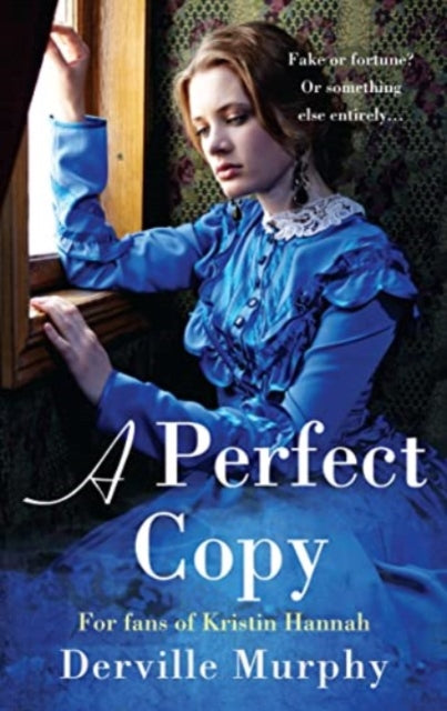 A Perfect Copy book cover featuring a woman in a blue dress looking out a window.