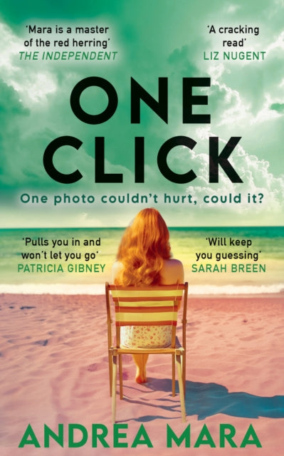Book cover for "One Click" by Andrea Mara featuring a woman on a beach.