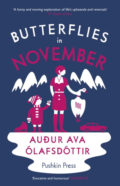 Butterflies in November book cover with illustrations of people and a car.