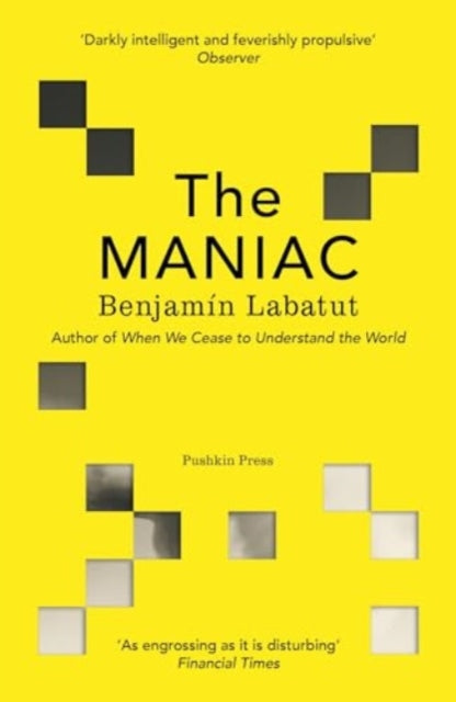 The MANIAC book cover with yellow background and black and white squares.