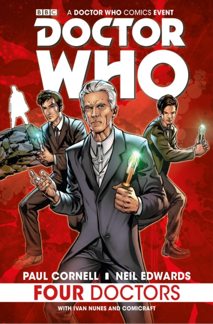 Doctor Who Four Doctors comic cover featuring four Doctors and the TARDIS.